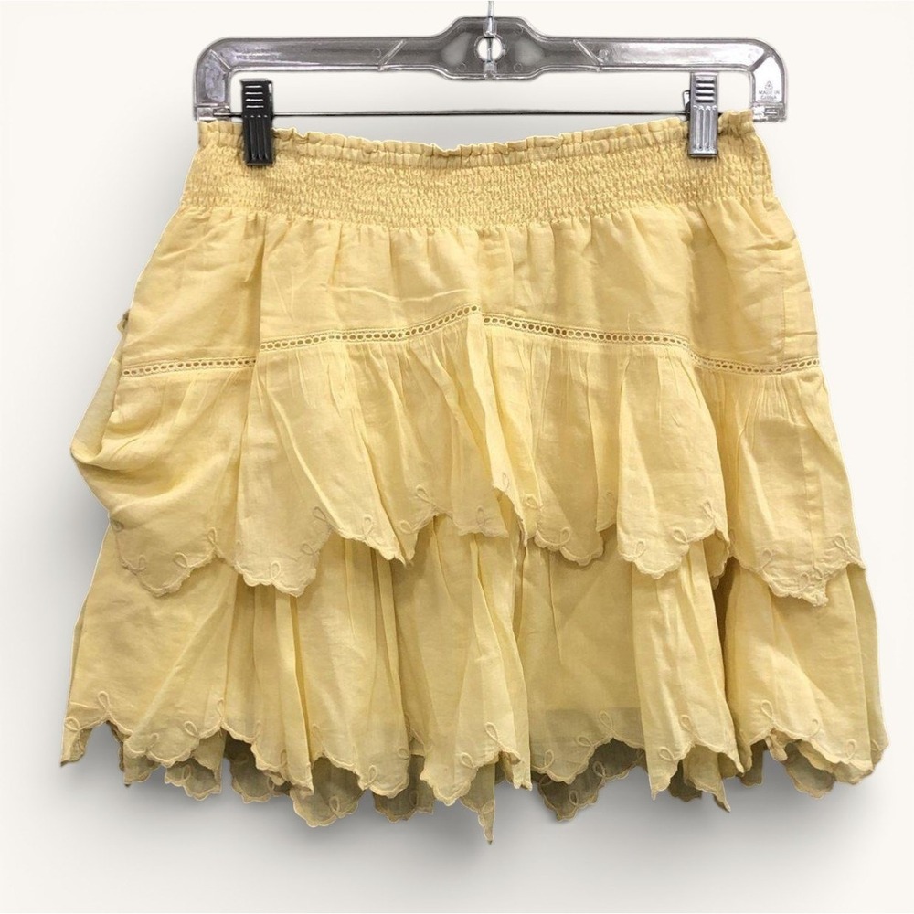 LoveShackFancy Yellow Tiered Ruffle Mini Skirt Womens 8 Smocked Cotton NWT